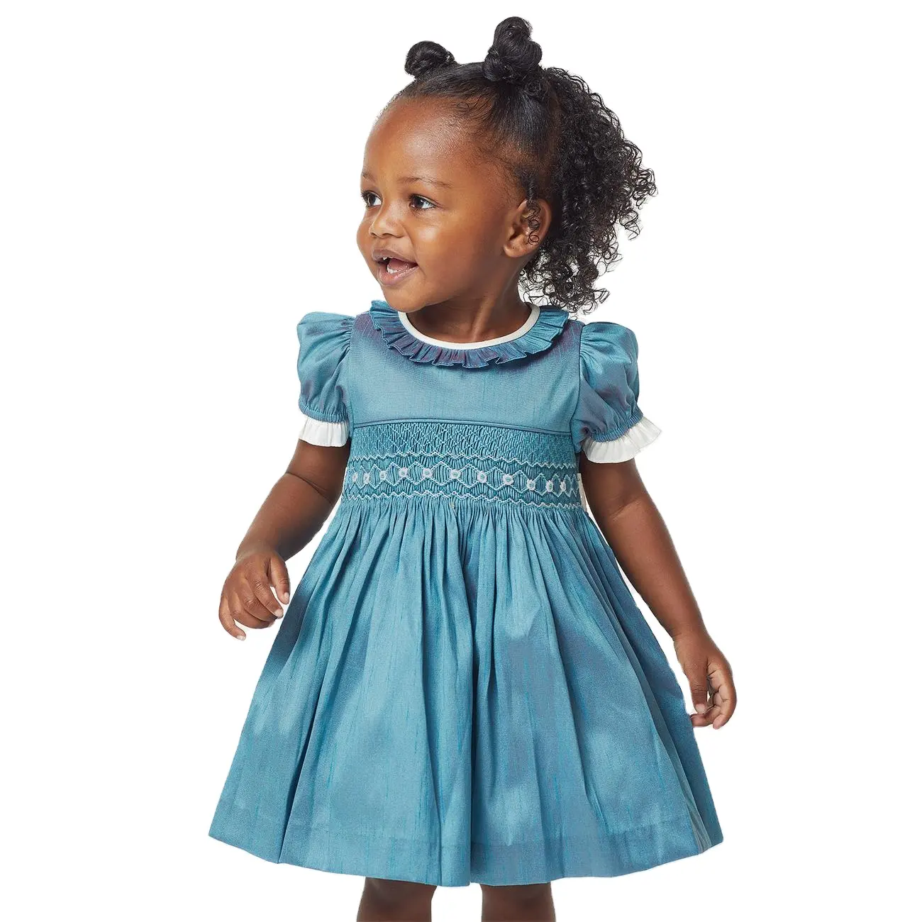 Guangzhou enfants smocks conceptions dernière solide bleu plaine teint technics broderie été fille robe