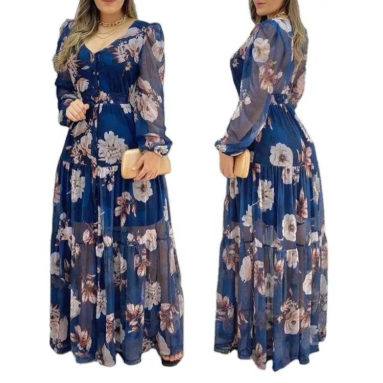 YT 2024 Vestido de chiffon floral casual com decote em V estampado de malha vestidos maxi femininos elegantes vestido longo