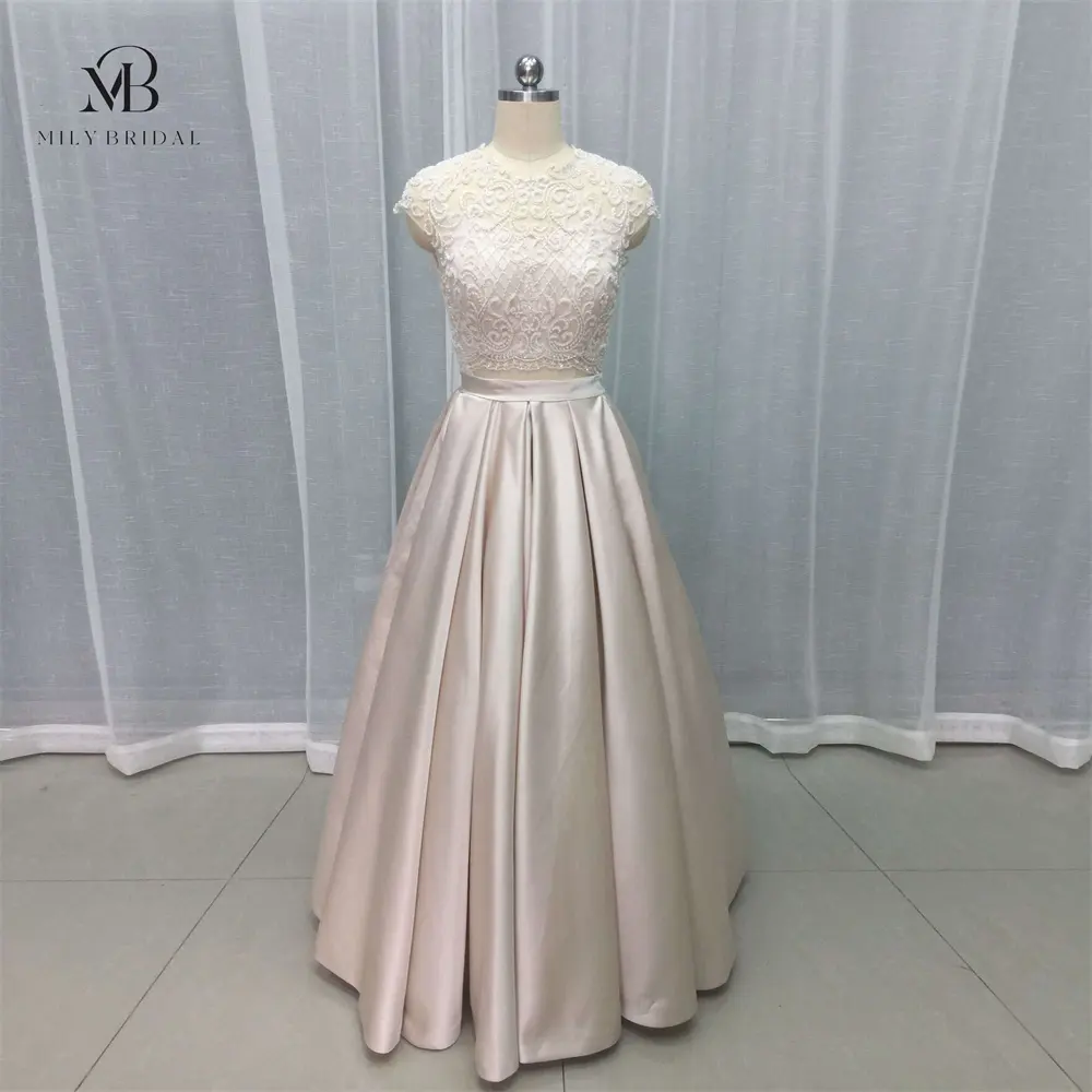 Mily Bridal OEV-L4071 Short Sleeve Dress Evening Women A-line Boat Neckline Lace Bodice Party Gowns with Sash