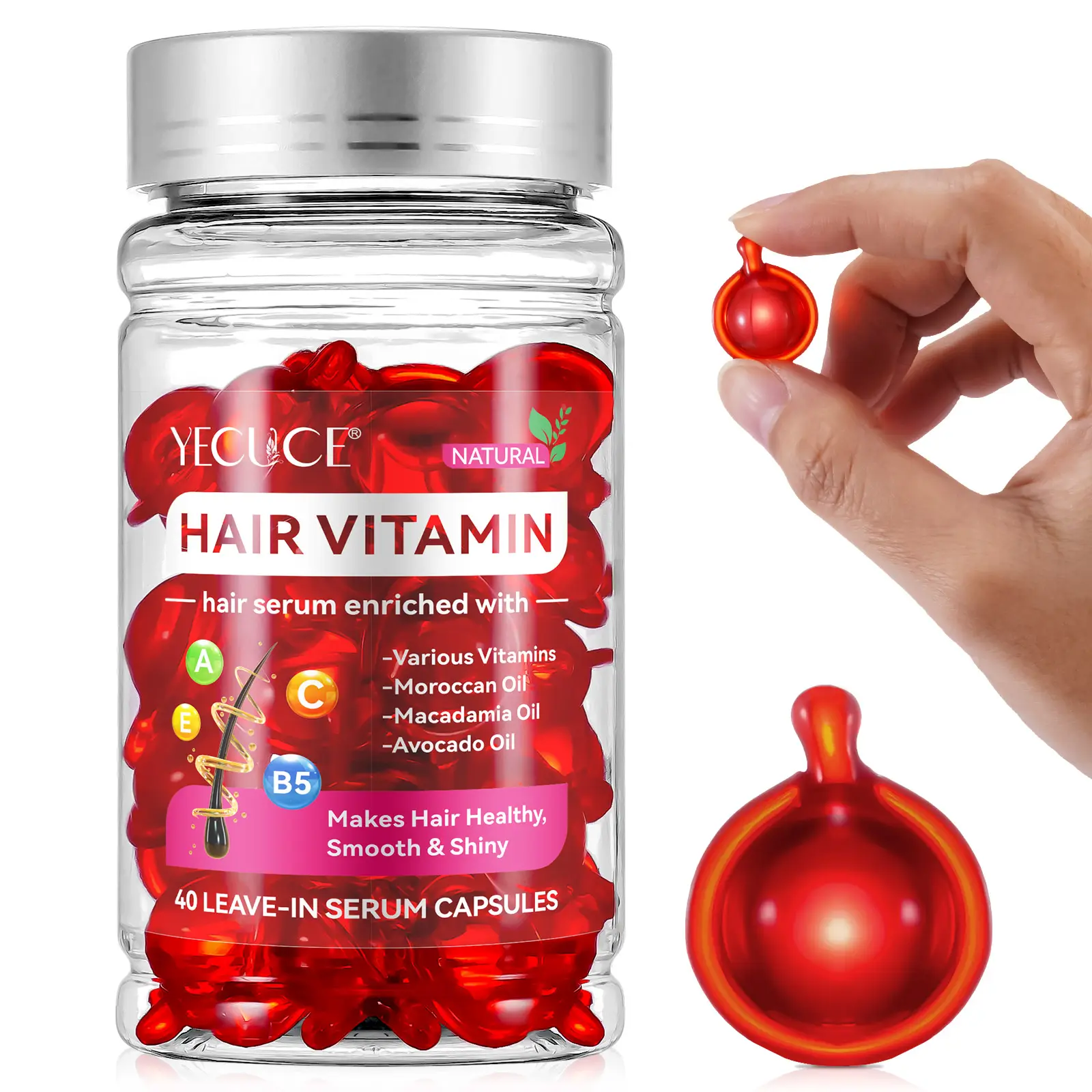 Yecuce phục hồi mịn axit béo sáng bóng Ma-rốc macadamia bơ tóc Vitamin A C E B5 dầu viên nang, tóc Vitamin viên nang