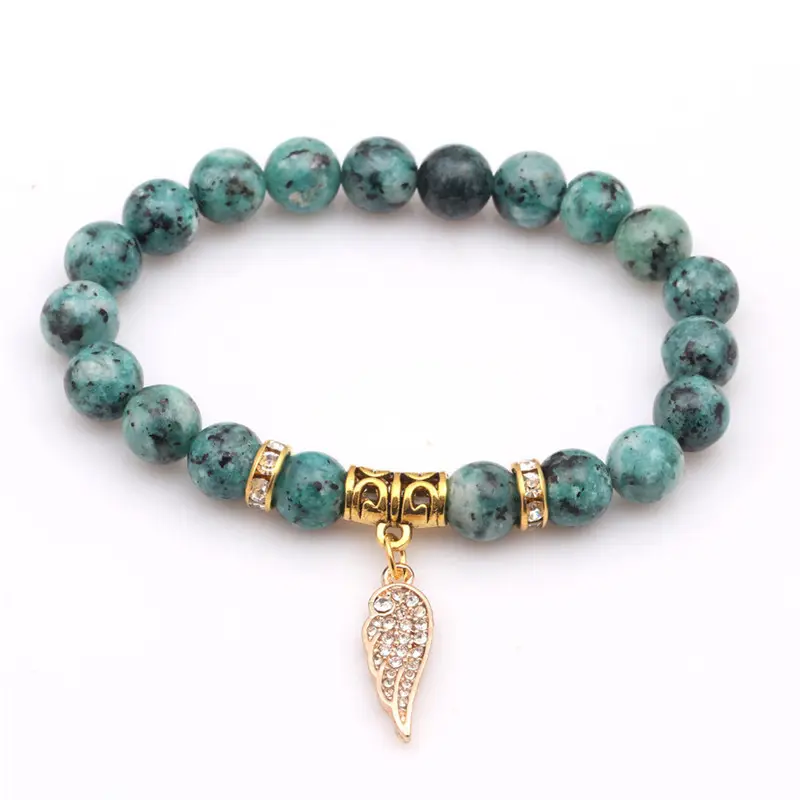 Bracelet de perles de pierre bleue rouge naturelle de charme d'aile d'ange de cuivre de zircone des femmes des hommes