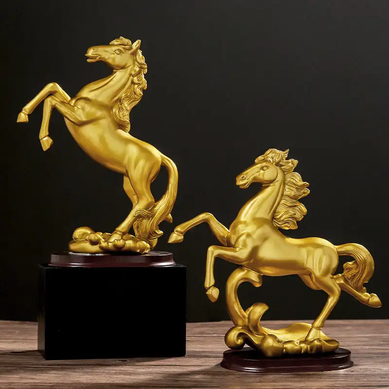 Cavalo dourado decoração escritório acrílico estátua luxo jóias estatueta mobiliário doméstico resina escultura artesanato