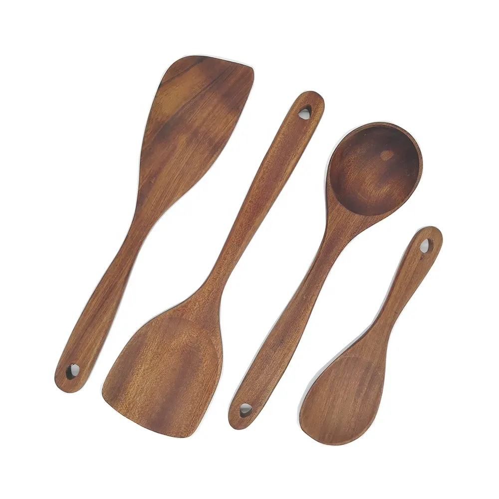Juego de utensilios de cocina de madera con mango largo, espátula ancha, cuchara, utensilios de cocina, 4 Uds.