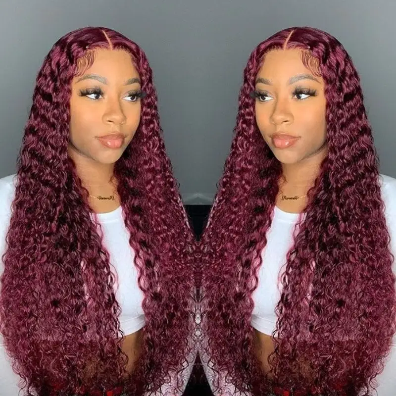 2023 Hot Selling Colored Wig Curly Human Hair Wigs Water Wave 250 Density 16 24 Inch 99j Color Pre Plucked Burgundy Lace Wig