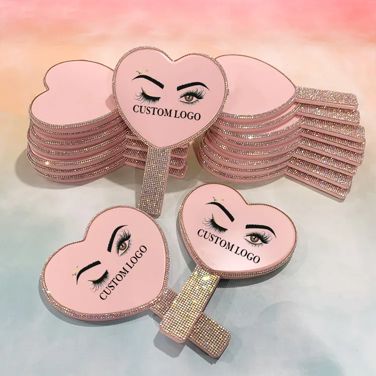 Recién llegado, espejo de maquillaje portátil en forma de corazón con logotipo privado, espejo de tocador de belleza de bolsillo pequeño y bonito con purpurina