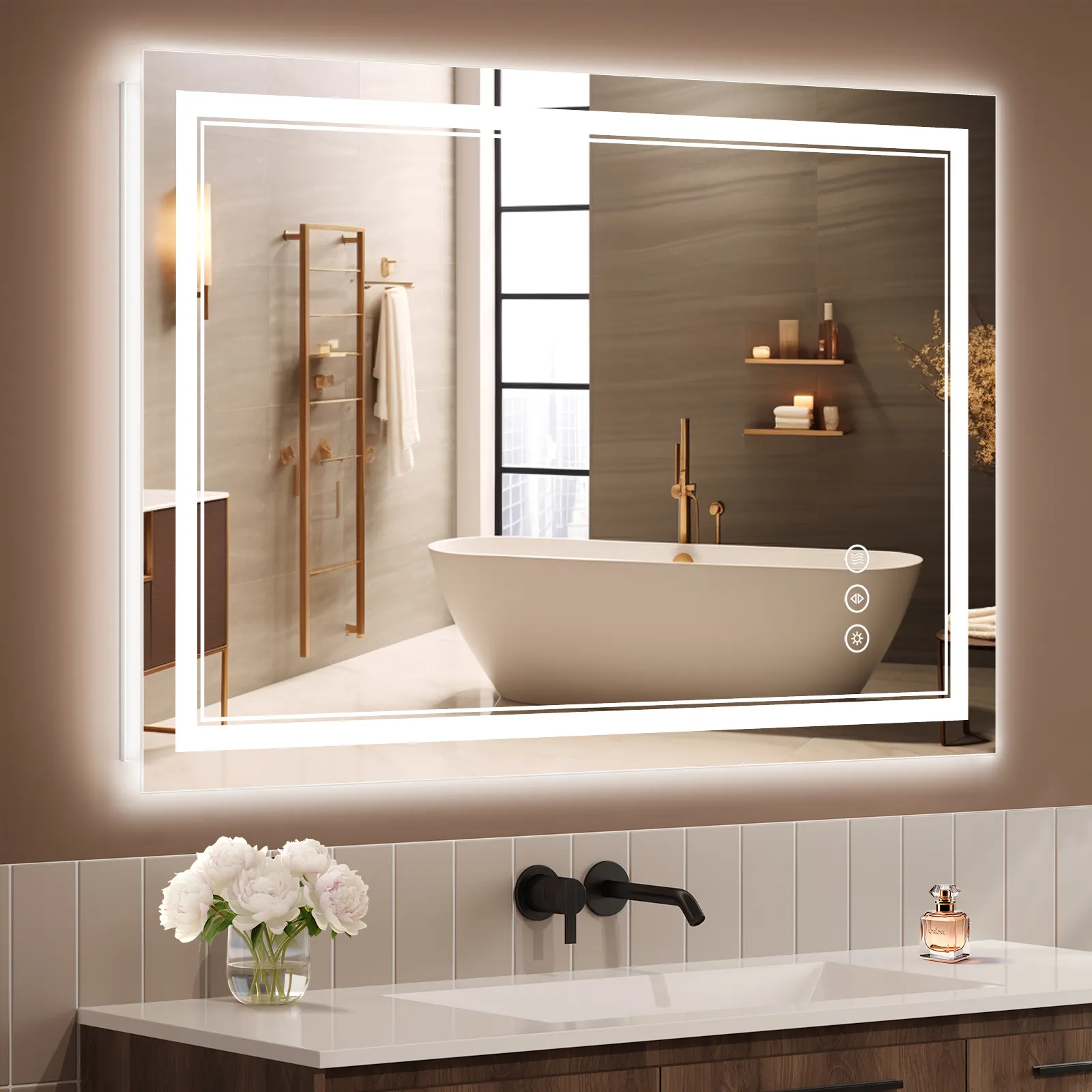 새로운 디자인 스마트 호텔 Led 목욕 거울 터치 스크린 LED 매직 미러 안티 김서림 고화질 직사각형 스마트 Led 거울