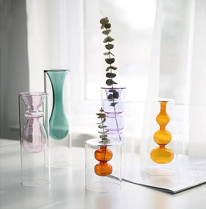 Vase à fleurs en verre soufflé à Double paroi de Style scandinave, en forme de cône, rose, ambre, pour décor de maison et de bureau