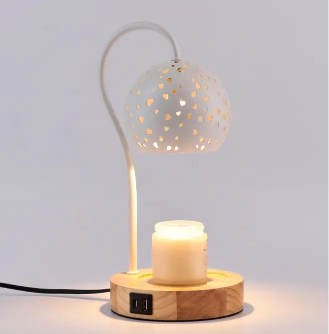 Moderne Luxe Lasersnijdende Koperen Hartvormige Elektrische Wax Smelter Houten Basis Usb A + C Poorten Dimbare Timer Kaars Warmer Lamp