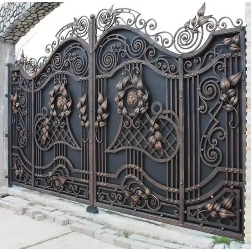 Imágenes de diseño de puerta principal de hierro más vendidas de Foshan, diseño de puerta de hierro negro marrón, puerta de hierro fundido