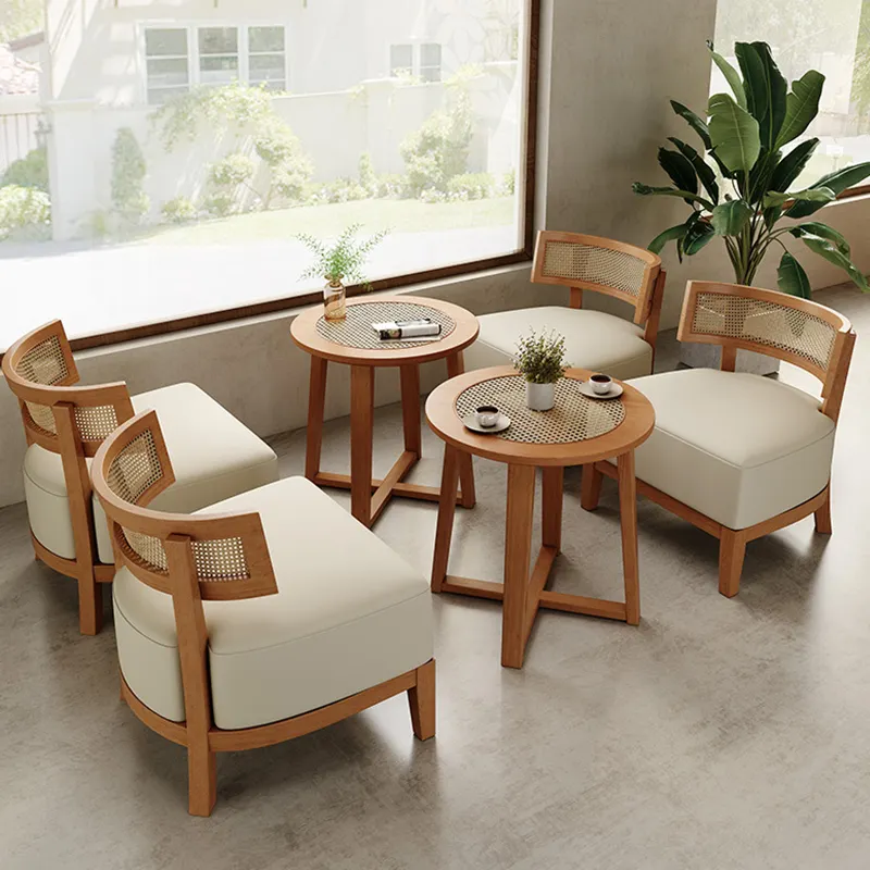 Milk tea shop dessert restaurant woven rattan wood wabi-sabi style casual cafe table and chair set solid wood chair and table