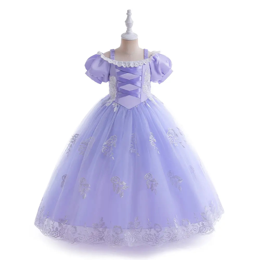 Vestido largo de encaje para niñas en Good Mesh Frozen Princess Sofia vestido Rapunzel Cosplay Pompadour disfraz para niños