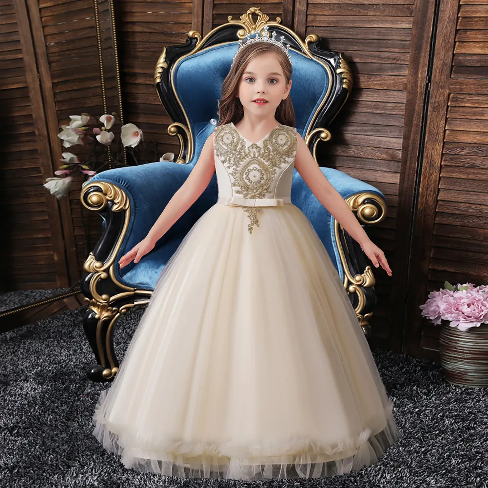 Yüksek kaliteli prenses parti giyim kolsuz çocuk çiçek genç kız doğum günü elbiseleri için 3-12 yıl eski kız elbise