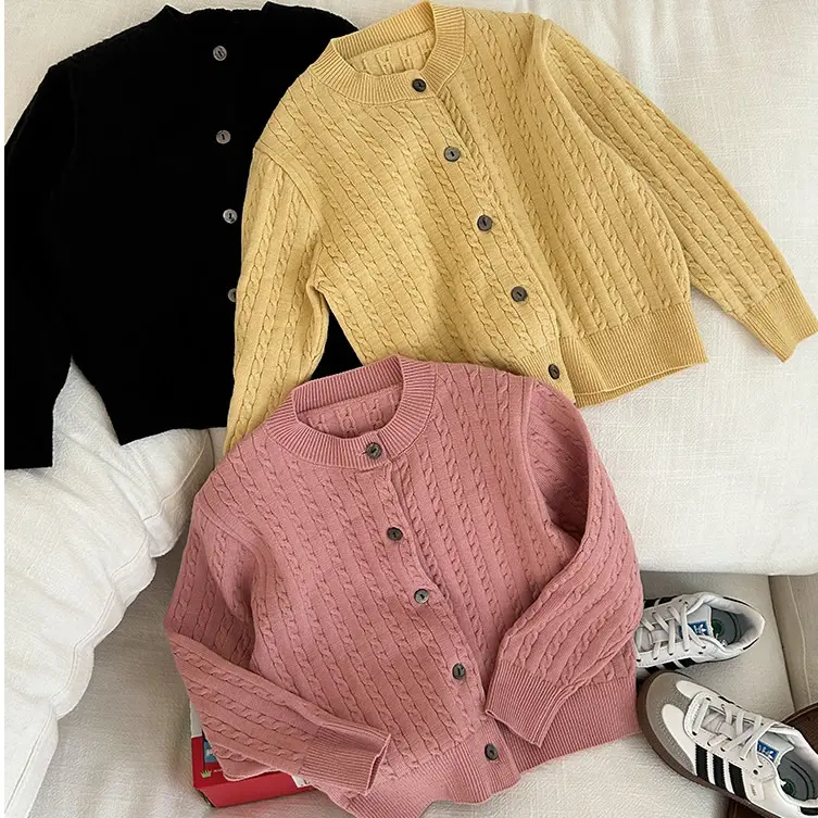Q40109 Cardigan de blusa de malha infantil primavera inverno com botões para meninas