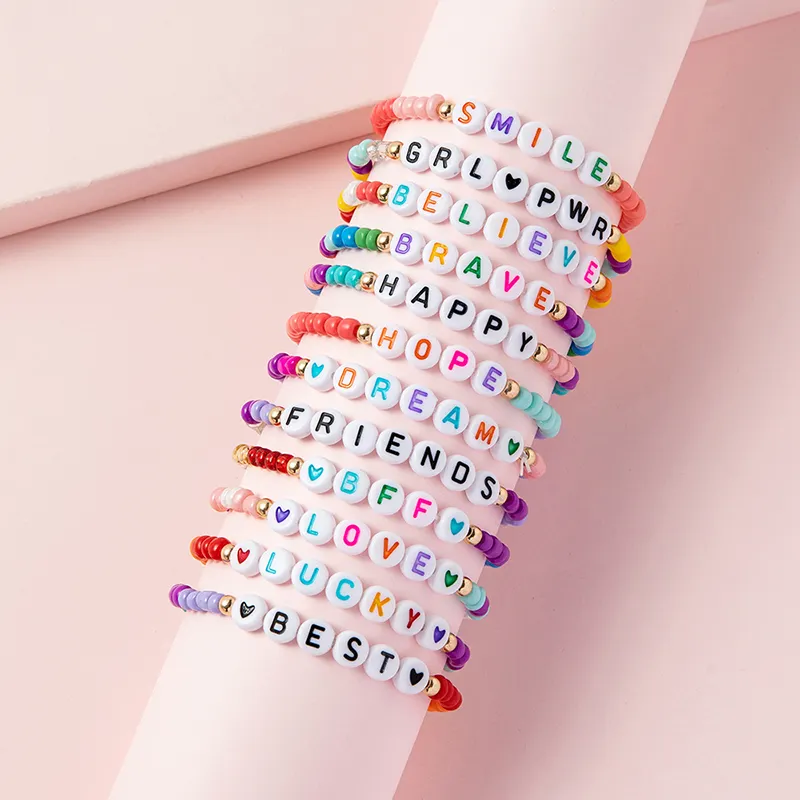 12 unids/set niños y niñas inspirador mejor feliz acrílico letra pulsera Bohemia colorido arroz pulsera de cuentas