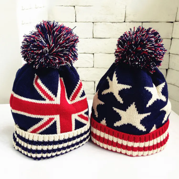 Gorro de punto cálido con bandera de EE. UU. Para niños y niñas, gorro de lana con pompón