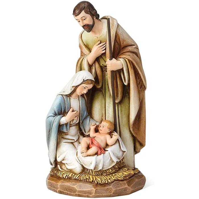 Figura de la Santa Familia, piedra, Escena de Navidad, aspecto de madera tallada