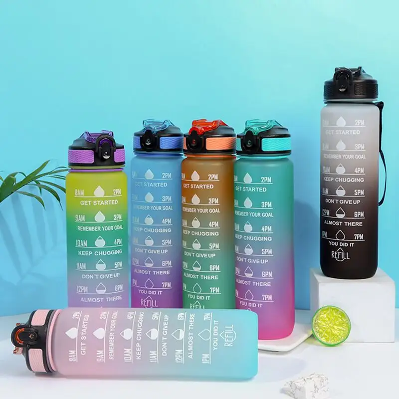 1L 32 oz भूसे झरनी फिल्टर जिम फिटनेस खेल BPA मुक्त Tritan प्रेरक पानी की बोतल के साथ समय मार्कर