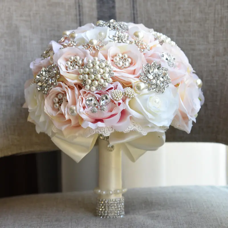 باقات زهور زفاف رومانسية صناعية بيضاء باقات من الماس الصناعي كريستال باقات زهور للعروس