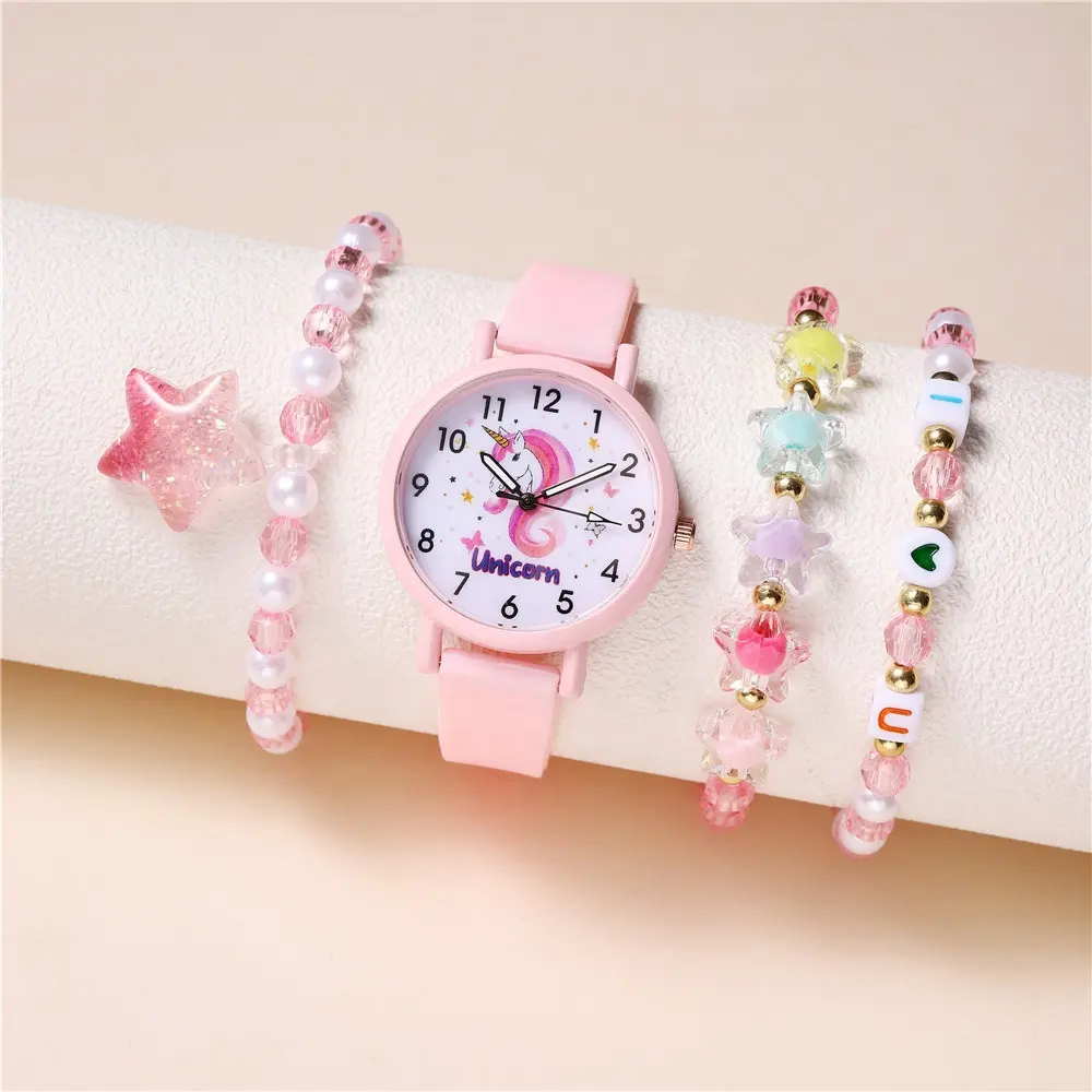 7001 nuovo Set di orologi fantasia 4 pz/set per bambini orologio da polso per ragazze rosa in Silicone unicorno simpatico cartone animato con bracciale con perline 3 pezzi