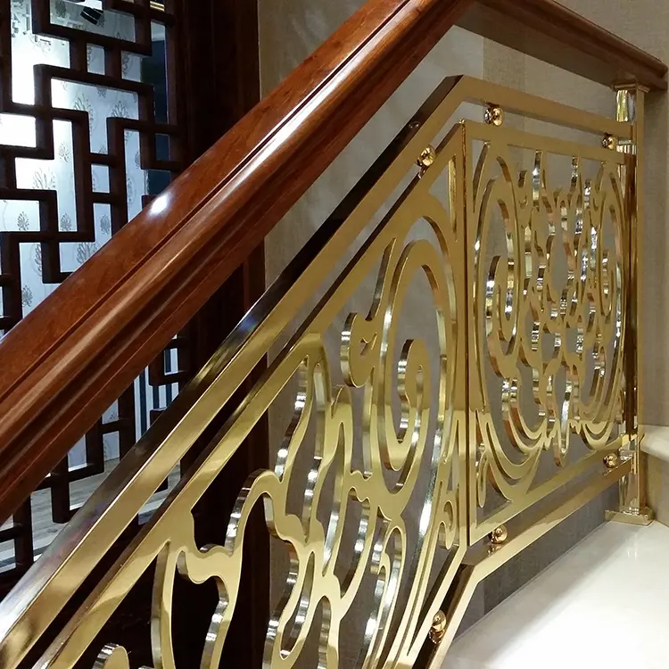 Keenhai Luxo Interior Prefab Art Golden Brass Stair Railings Hotel Balaustradas Corrimãos Alumínio Aço Indoor Deck Varanda