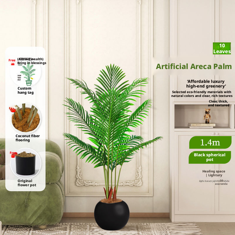 Palmier Areca vert 140CM 10 tiges 10 feuilles sphère noire