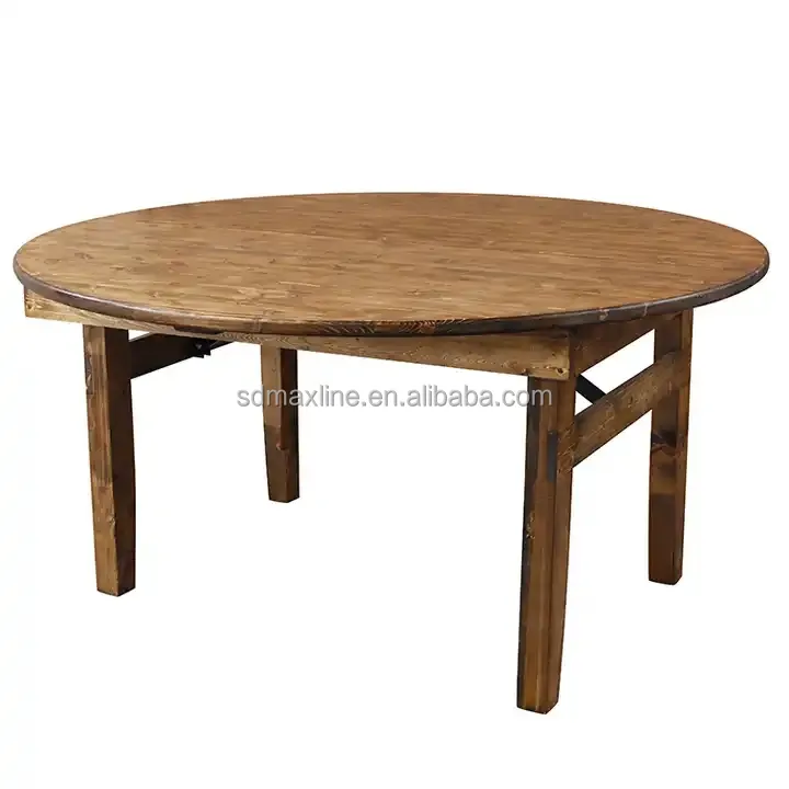 Table de ferme rustique pliante en bois de pin massif antique Tables pliantes rondes en bois massif pour événement de mariage d'hôtel