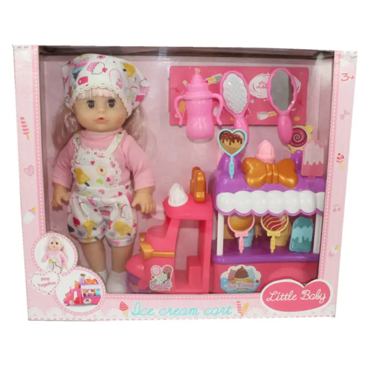 Carro de pastel con muñeca de niña bonita de 14 "con orina de agua con 4 tonos IC Girl play House Fashion Body Doll