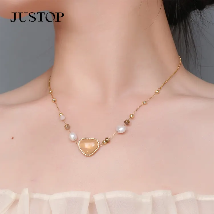 Colar de joias elegantes de pedra natural em aço inoxidável banhado a ouro 18K pingente de coração joias da moda para meninas