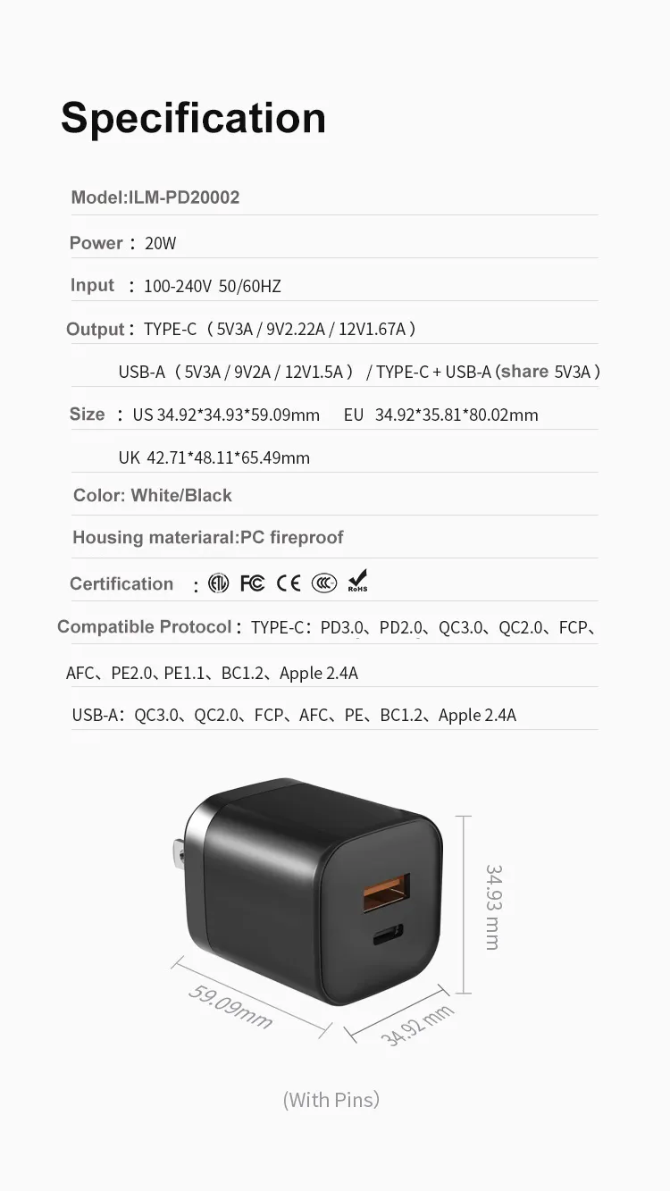 Colokan EU US UK pengisi daya Tipe C 20W PD QC3.0 USB ganda pengisi daya dinding cepat ponsel untuk iphone 15 14 13 12 11 Pro Max