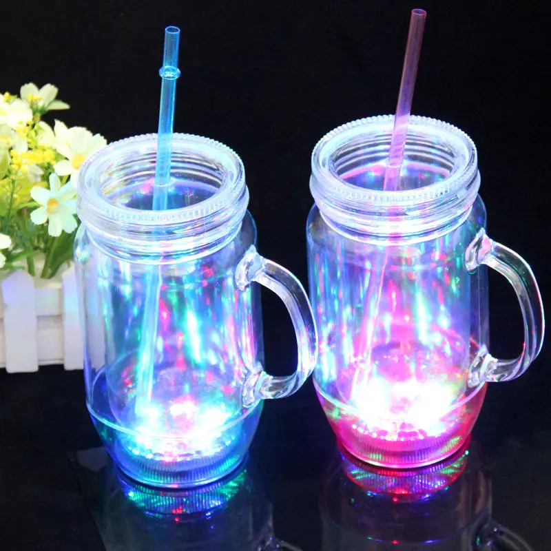 22 Oz Double Walled Insulated LED Light Plastic Bar Mugs Drinking Mason Jar With straw and lid