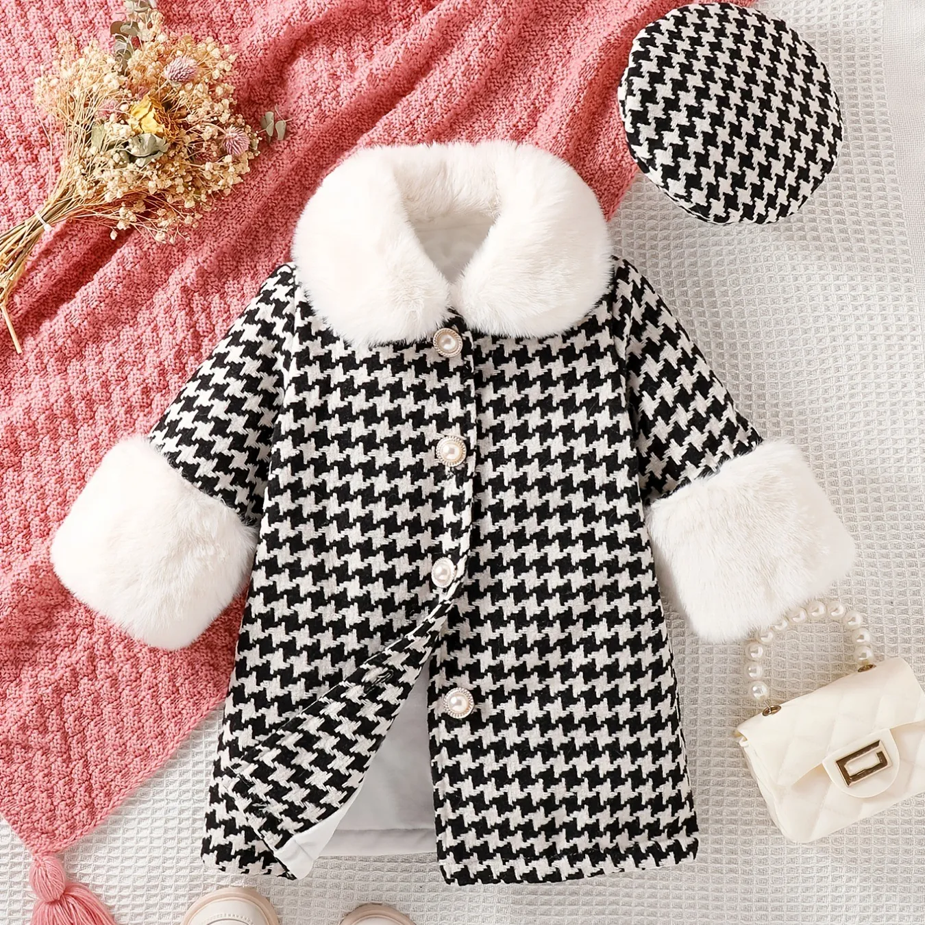 Hot sale Infant Baby Girls Winter Warm Houndstooth Fur Coat Jacket Clothes