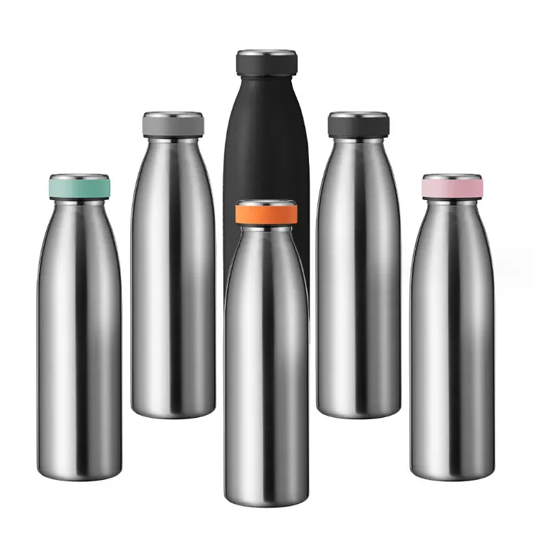 BPAフリースリムデザインフードセーフメタルステンレス鋼真空断熱サーマルスポーツドリンクミルクウォーターボトルシリコン蓋付き