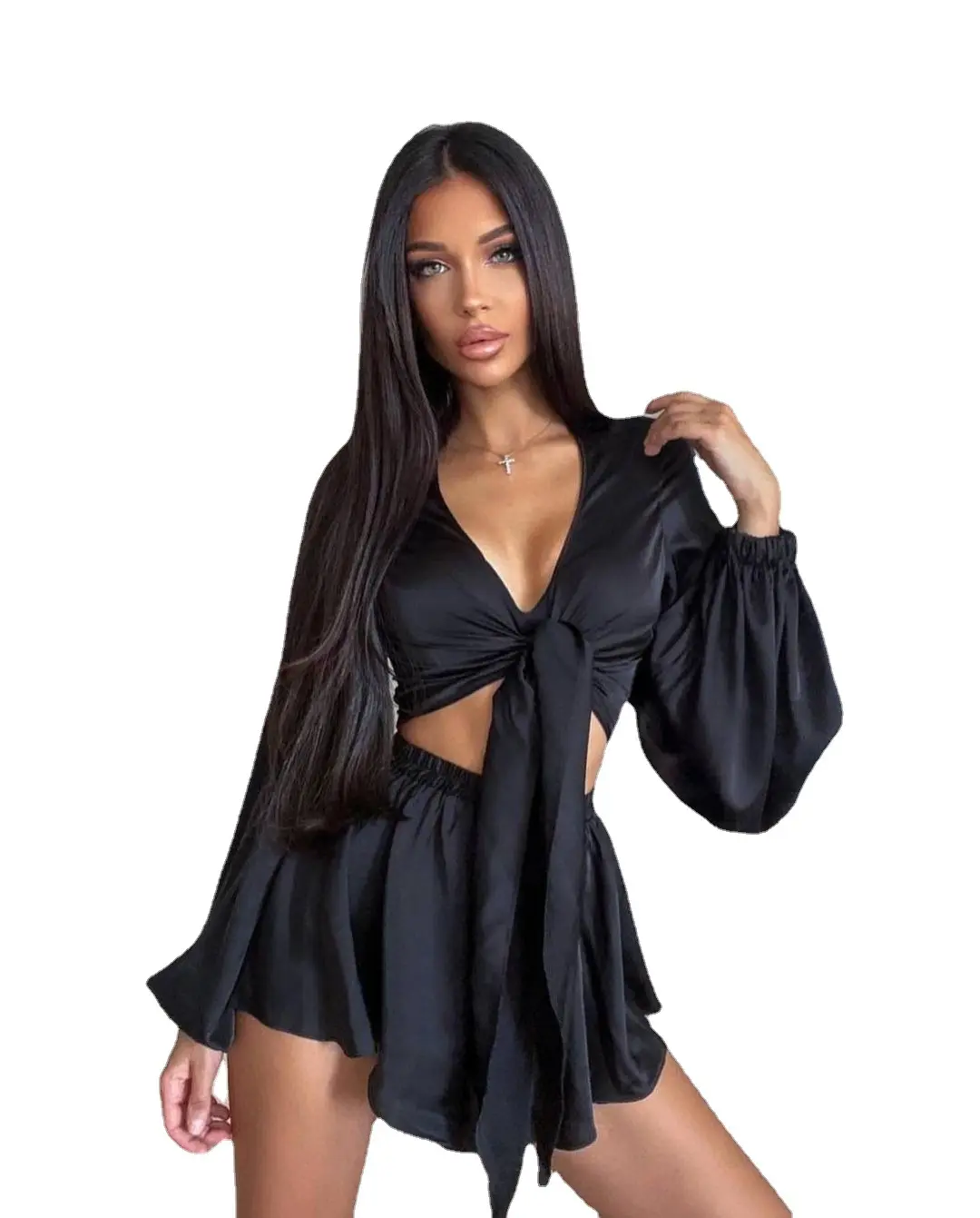 Boskims 2024 Crop Tops Satin Culottes Elegant Suit Vintage Style Women's Sexy Crop Tops Cool Loose with Long Sleeve Summer