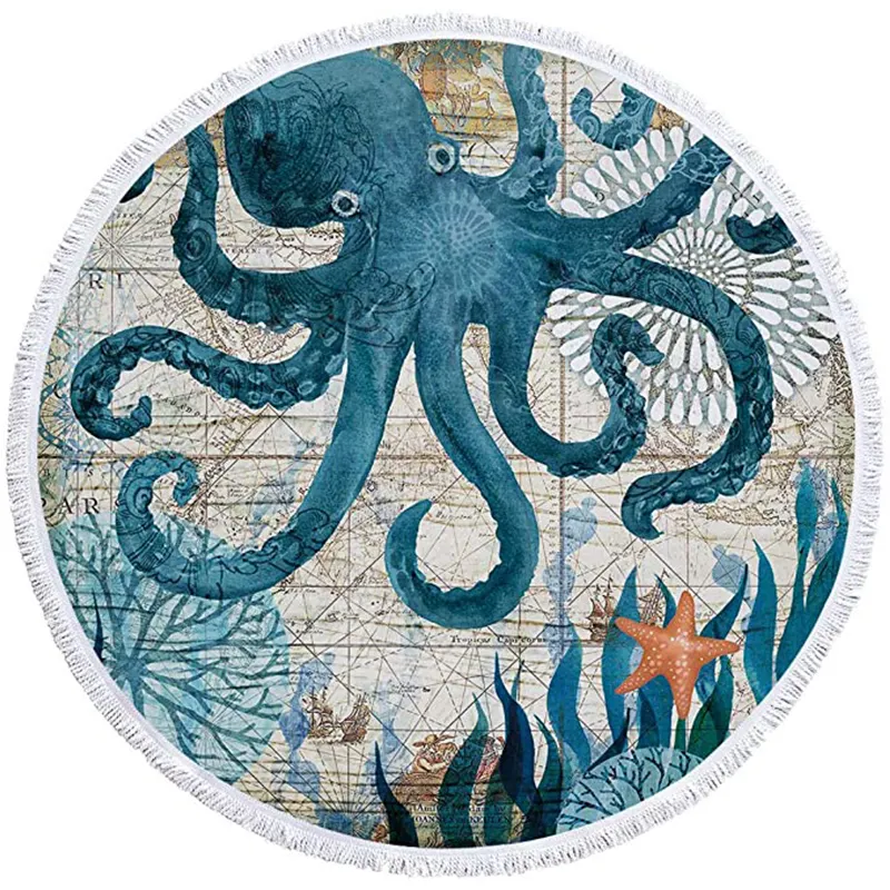 Round Beach Towel Octopus Microfiber Beach Blanket Blue Ocean Sea Large Round Lightweight Beach Towel for Kids Women Men