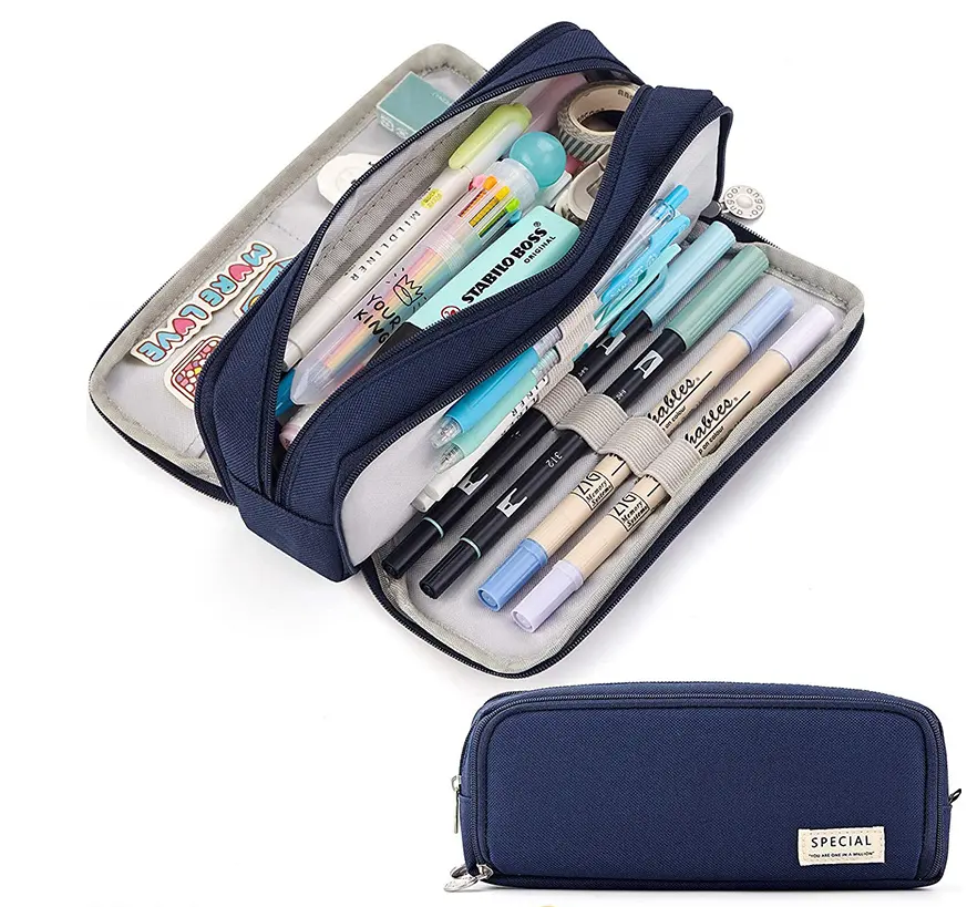 حقيبة قلم رصاص بسعة كبيرة من Bview حقيبة قلم رصاص جمالية مع 3 أقسام حقيبة تخزين قلم نايلون