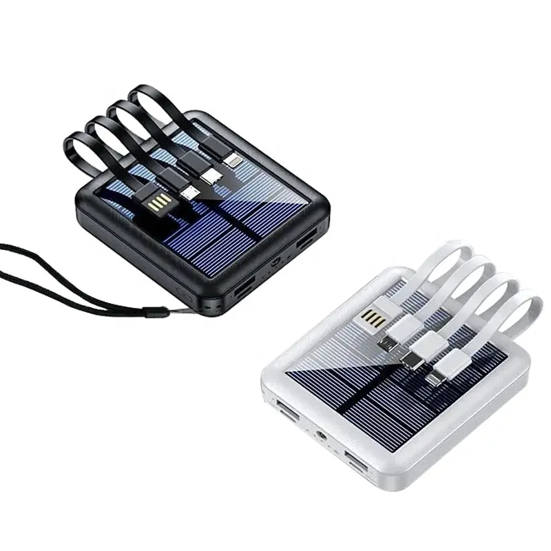 Caricabatterie portatile per pannello solare da 10000mAh di piccole dimensioni con quattro cavi banca di energia solare incorporata per telefono cellulare