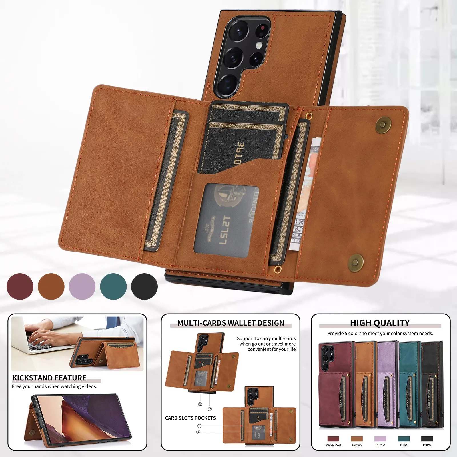 New pu flip leather wallet mobile phone case for Samsung s22 s22 plus hard back credit card slot phone case for galaxy s22 ultra