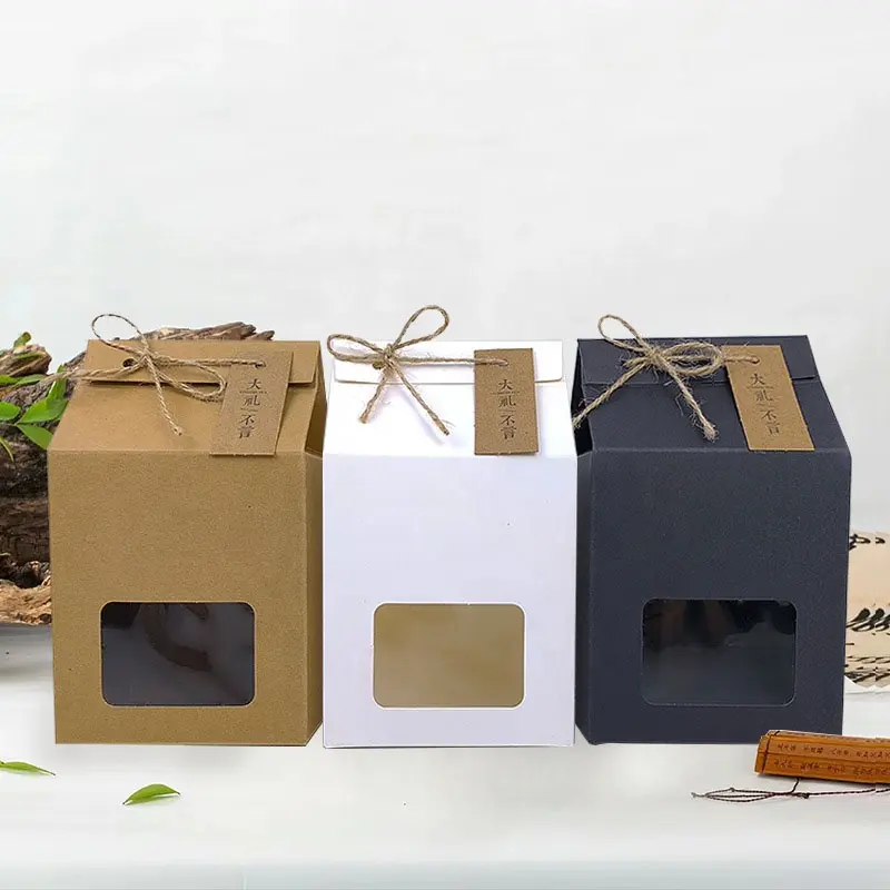 صندوق مطبوع من ورق الكرافت لون بني لتعبئة الشوكولاتة والحلوى والشاي والزهور والطعام صندوق تعبئة هدايا مزود بجزء شفاف