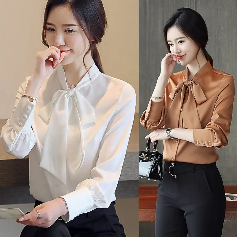 Womens Elegant Chiffon Camisas Formais Coreano Tie Neck Blusa Slim Fit Satin Tops Office Wear Moda Roupas Camisa de Trabalho