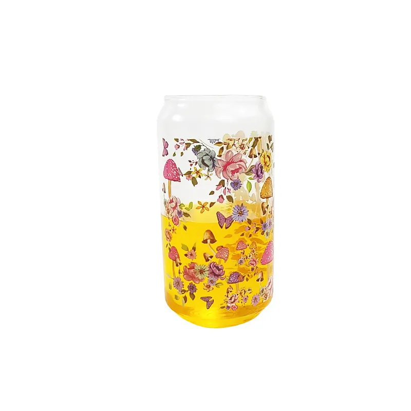 Copo de café com tampa de vidro impresso floral personalizado, pote de café reutilizável com tampa