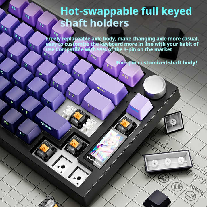 EWEADN X75 Keyboard mekanis nirkabel, papan ketik ukiran samping dengan tombol dengan layar untuk permainan dan kantor untuk ponsel iPad laptop desktop