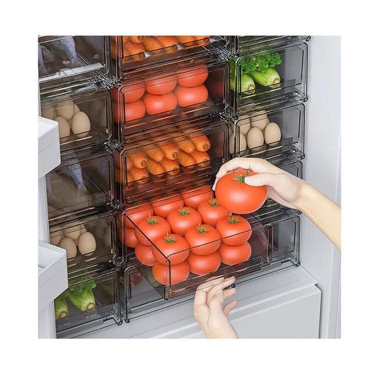 Tiroir en plastique clair empilable pour réfrigérateur, boîte de rangement pour lait et légumes, avec plateau de vidange, livraison gratuite, chine