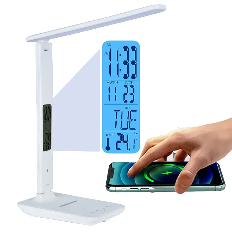 10W QI Wireless di ricarica lampada da tavolo a LED con luce notturna calendario di temperatura sveglia protezione occhi luce studio lampada da tavolo