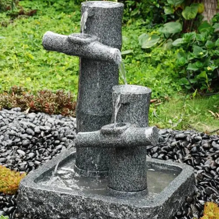 Fontaine de granit de jardin en forme de bambou naturel sculptée à la main extérieure pour décor de jardin