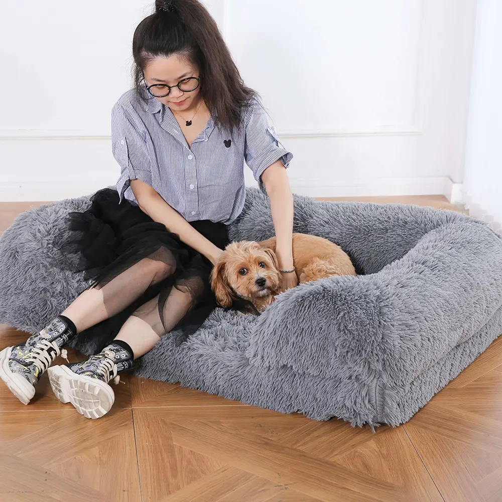 Large Memory Foam Orthopedic Pet Bed Luxury Fluffy Faux Fur Plush Dog Sofa Bolster Bed For Large Dogs