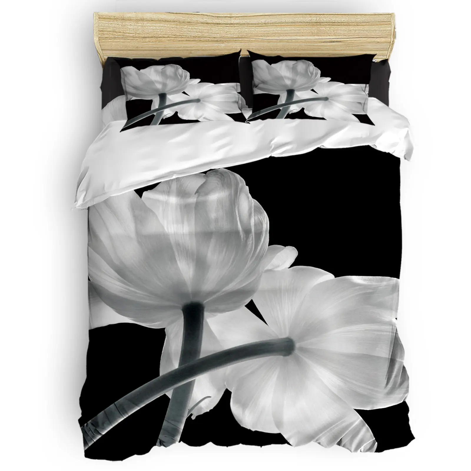 Pronto per la spedizione tessuto in poliestere di buona qualità stampa tulipano morbido copriletto king size set biancheria da letto 4 pezzi