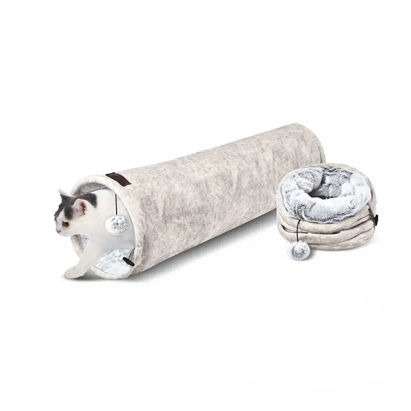 Imprimé Composite Pliable En Peluche Courte En Soie Velours Chat Tunnel Avec Boule Suspendue