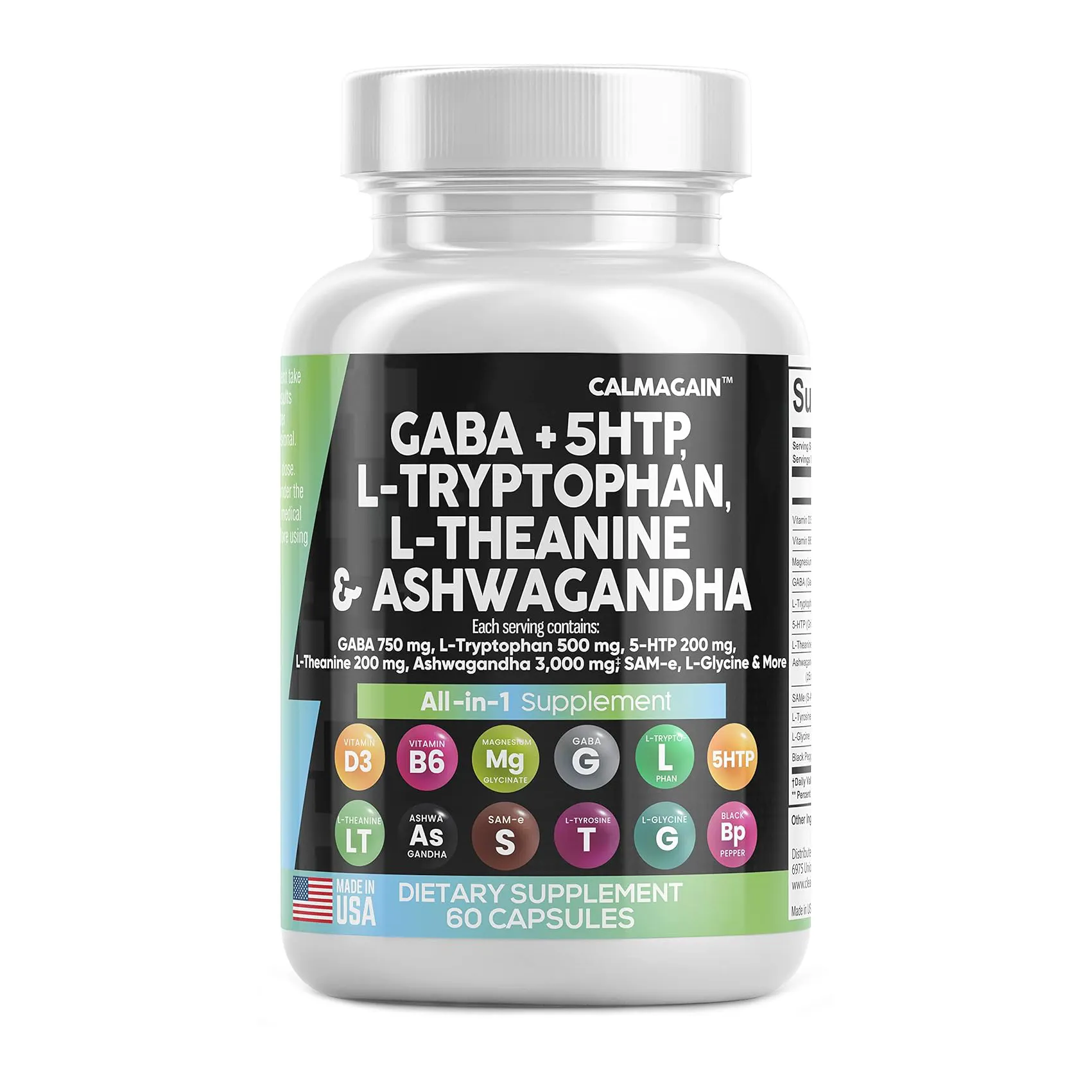 Vegan GABA cápsulas com 5-HTP L-triptofano L-teanina Ashwagandha suplementos de saúde para suporte de humor para homens e mulheres adultos