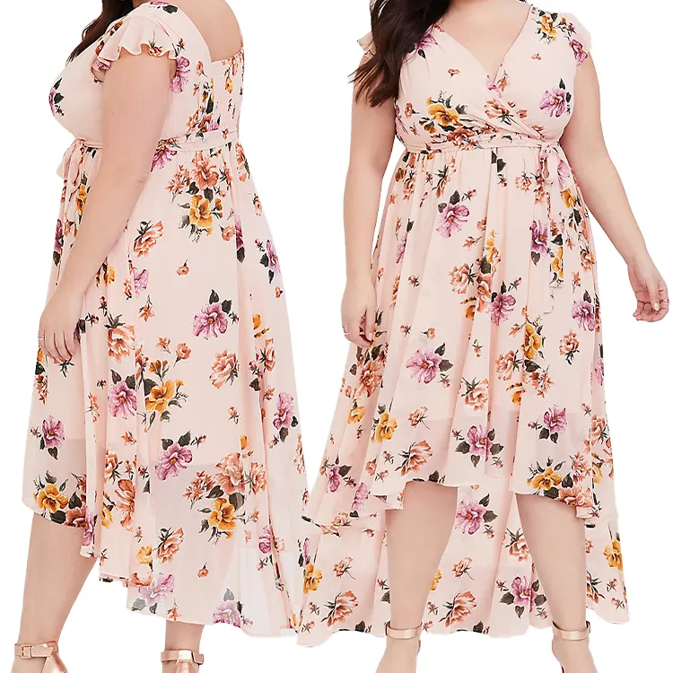 Cap Floral Vestidos de talla grande Manga con cuello en V Cintura elástica Alta Baja Gasa 4xl 5xl 6xl 7xl Mujeres Vestido de verano Vestidos Casuales