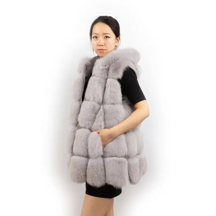 Wholesale Fur Gilet Pink Women Real Fox Fur Vest with hood